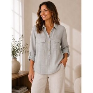 Ellen Tracy Women Tops 100% Linen Tunic Roll Tab Sleeve Shirt Size M‎  Striped